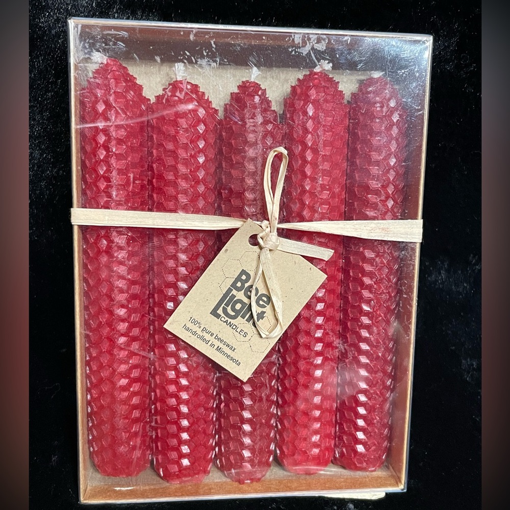 5 7” Bee Light Candles Hand Rolled 100% Bees Wax Taper Candles RED NEW IN BOX!